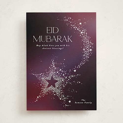 This is a velvet eid cards with standard by Phrosné Barwood called shimmering eid moon printing on signature in standard