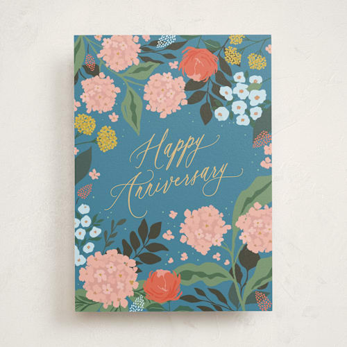 This is a dark aqua tbd with standard by Vera Lim called floral anniversary printing on signature in greeting cards