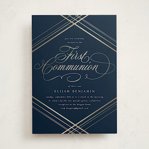This is a midnight blue confirmation invitations cards with foil pressed by Erin Deegan called fancy printing on signature in standard