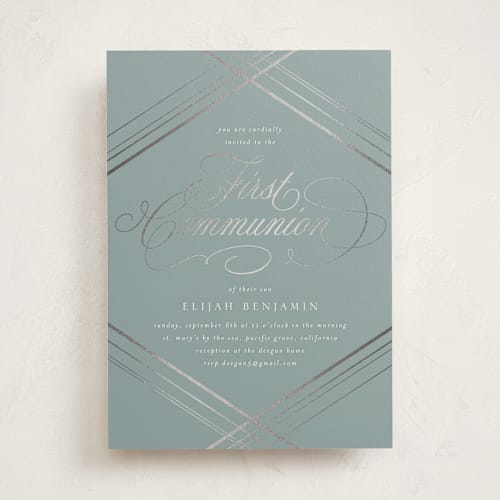 This is a silver sage confirmation invitations cards with foil pressed by Erin Deegan called fancy printing on signature in standard