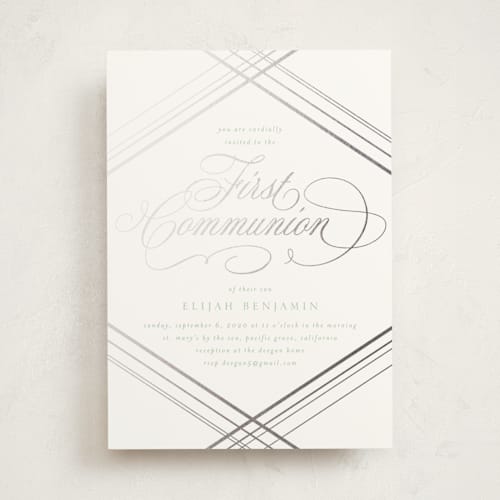 This is a slate confirmation invitations cards with foil pressed by Erin Deegan called fancy printing on signature in standard