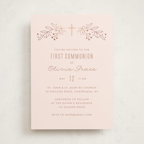 This is a blush confirmation invitations cards with foil pressed by Annie Holmquist called gilded cross printing on signature in standard