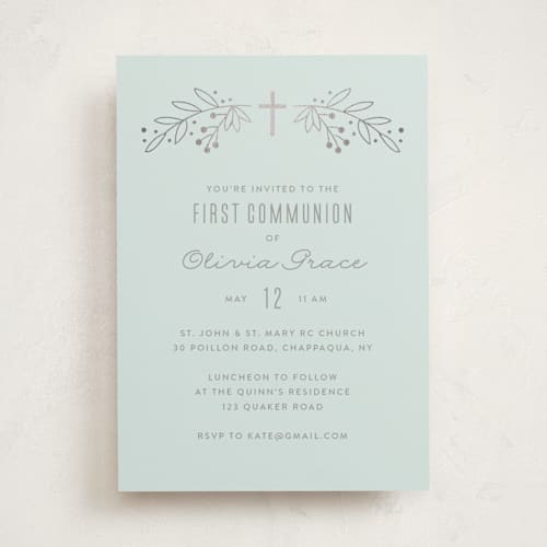 This is a bluebell confirmation invitations cards with foil pressed by Annie Holmquist called gilded cross printing on signature in standard