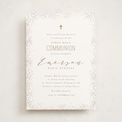 This is a champagne confirmation invitations cards with foil pressed by Creo Study called heavenly blessings printing on signature in standard