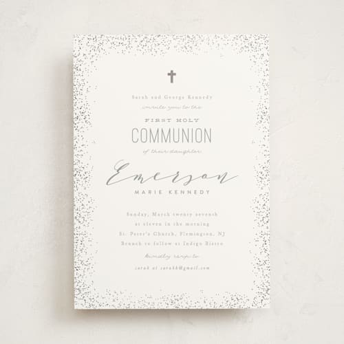 This is a slate confirmation invitations cards with foil pressed by Creo Study called heavenly blessings printing on signature in standard