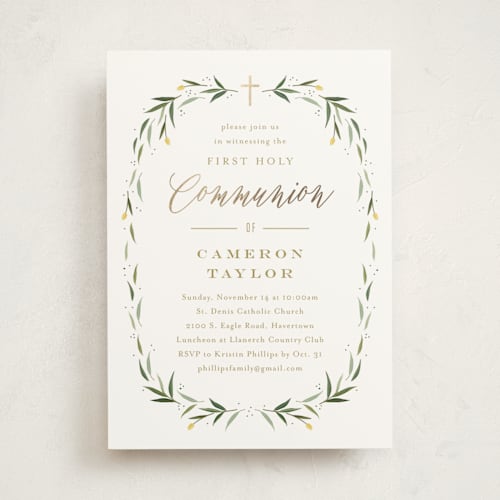 This is a leaf confirmation invitations cards with foil pressed by Carolyn MacLaren called eucalyptus wreath printing on signature in standard