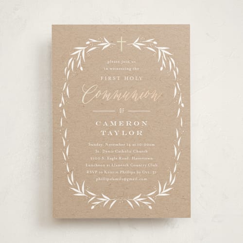 This is a copper confirmation invitations cards with foil pressed by Carolyn MacLaren called eucalyptus wreath printing on signature in standard