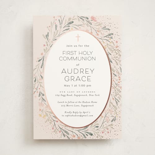 This is a rose confirmation invitations cards with foil pressed by Nicoletta Savod called graceful printing on signature in standard