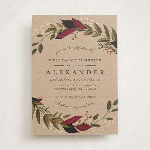 This is a autumn communion invitations announcements with standard by Susan Moyal called vines of green printing on signature in standard