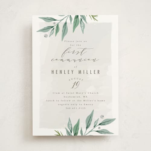 This is a dove gray communion invitations announcements with standard by Karidy Walker called soft branches printing on signature in standard