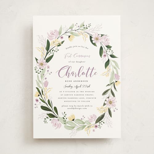 This is a grape communion invitations announcements with standard by Susan Moyal called floral sprinkle printing on signature in standard