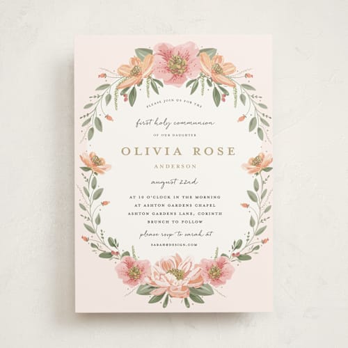 This is a blush communion invitations announcements with standard by Susan Moyal called garden celebration printing on signature in standard