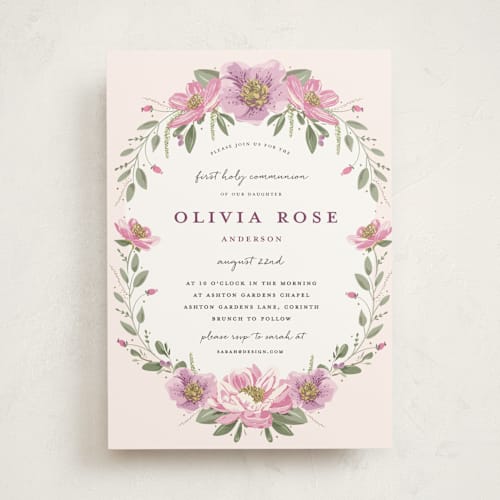This is a lilac communion invitations announcements with standard by Susan Moyal called garden celebration printing on signature in standard