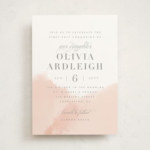 This is a blush communion invitations announcements with standard by Kristie Kern called whisper printing on signature in standard