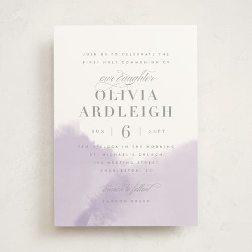 This is a lavender communion invitations announcements with standard by Kristie Kern called whisper printing on signature in standard