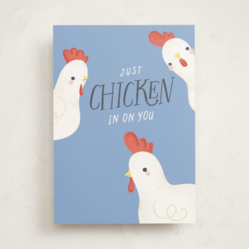 This is a sky tbd with standard by Itsy Belle Studio called just chicken in printing on signature in greeting cards
