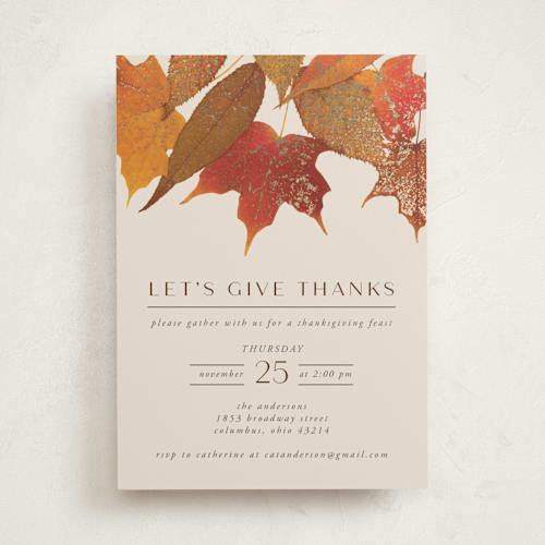 This is a spice holiday party invitations with foil pressed by Heather Schertzer called gilded autumn leaves printing on signature in standard