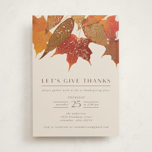 This is a spice holiday party invitations with foil pressed by Heather Schertzer called gilded autumn leaves printing on signature in standard