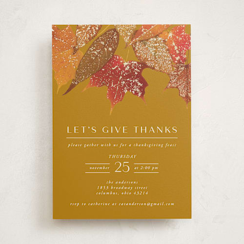 This is a sunflower holiday party invitations with foil pressed by Heather Schertzer called gilded autumn leaves printing on signature in standard