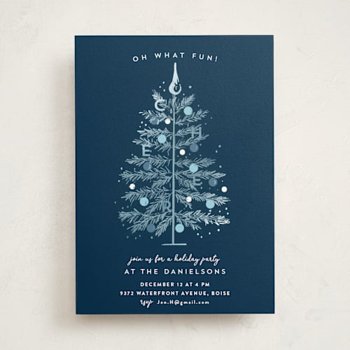 This is a blue spruce holiday party invitations with foil pressed by Rebecca Durflinger called tinsel tree printing on signature in standard