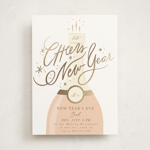 This is a blush holiday party invitations with foil pressed by Hannah Williams called champagne printing on signature in standard