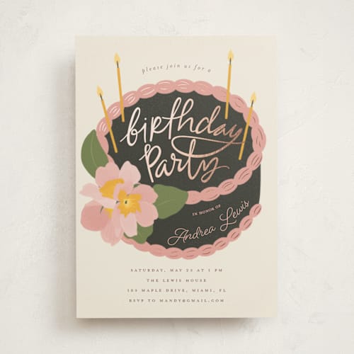This is a cream holiday party invitations with foil pressed by Vera Lim called floral cake printing on signature in standard