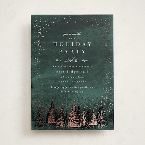 This is a teal holiday party invitations with foil pressed by AK Graphics called frosted wonderland printing on signature in standard