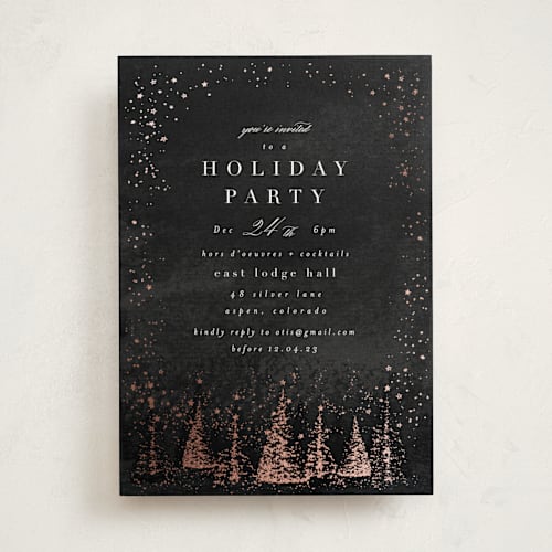 This is a sunset holiday party invitations with foil pressed by AK Graphics called frosted wonderland printing on signature in standard