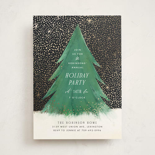 This is a night sky holiday party invitations with foil pressed by Julie Murray called snowfall printing on signature in standard