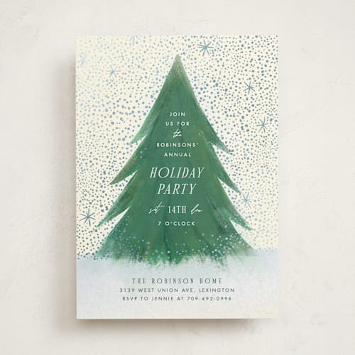 This is a blue spruce holiday party invitations with foil pressed by Julie Murray called snowfall printing on signature in standard