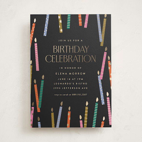 This is a midnight holiday party invitations with foil pressed by Ellen Schlegelmilch called scattered candles printing on signature in standard