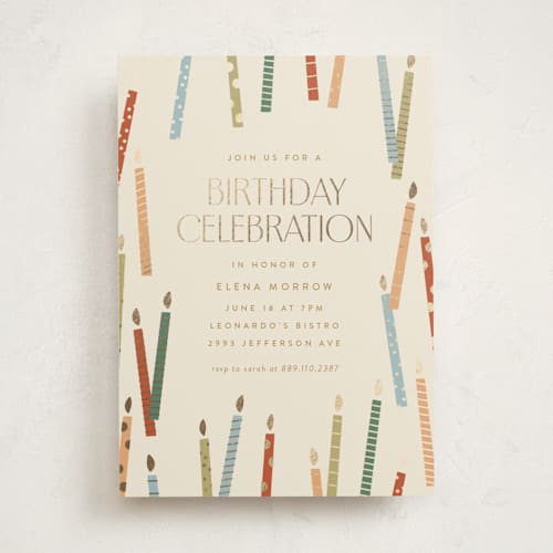This is a muted holiday party invitations with foil pressed by Ellen Schlegelmilch called scattered candles printing on signature in standard