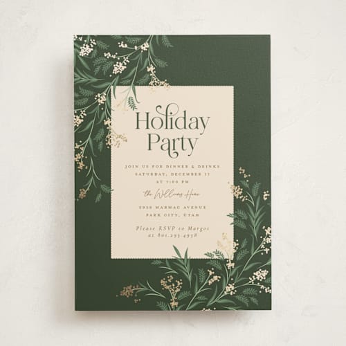 This is a pine holiday party invitations with foil pressed by Robert and Stella called draped garland printing on signature in standard