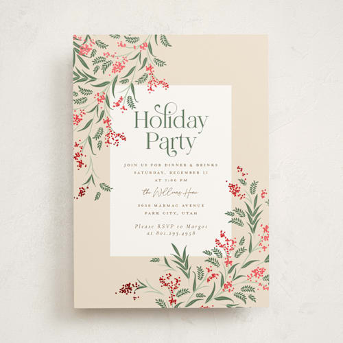 This is a cream holiday party invitations with foil pressed by Robert and Stella called draped garland printing on signature in standard