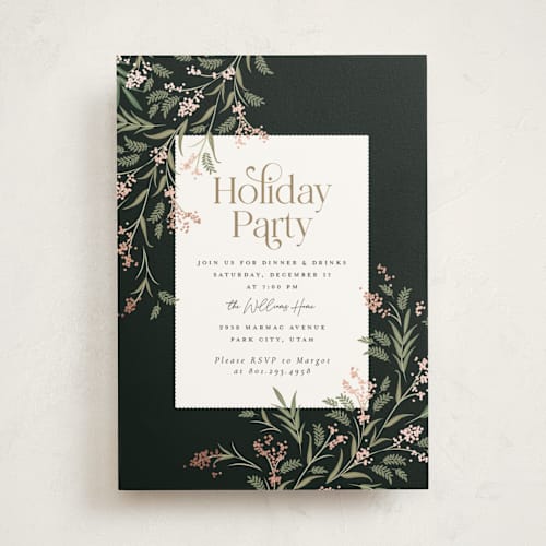 This is a onyx holiday party invitations with foil pressed by Robert and Stella called draped garland printing on signature in standard