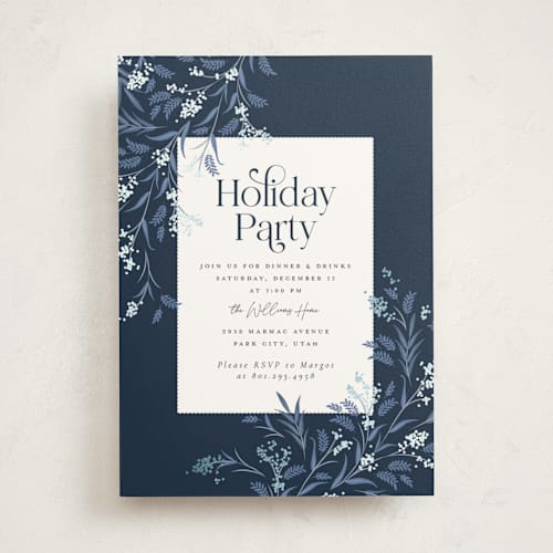 This is a navy holiday party invitations with foil pressed by Robert and Stella called draped garland printing on signature in standard