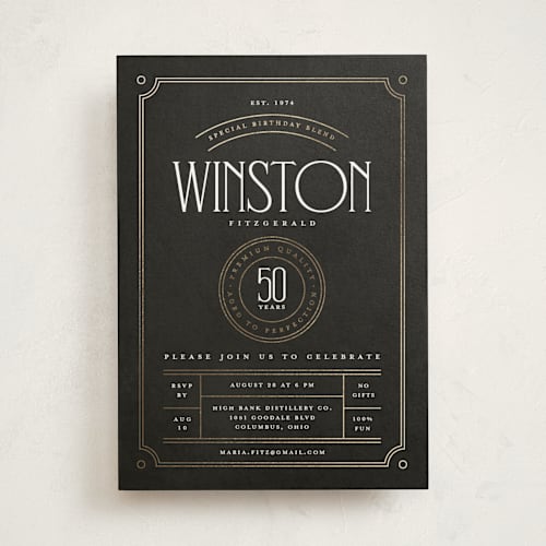 This is a charcoal holiday party invitations with foil pressed by Heather Schertzer called aged to perfection printing on signature in standard