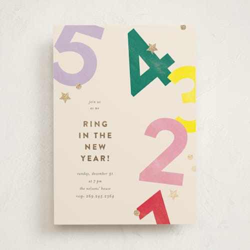 This is a punch holiday party invitations with foil pressed by Pixel and Hank called ring in the new year printing on signature in standard