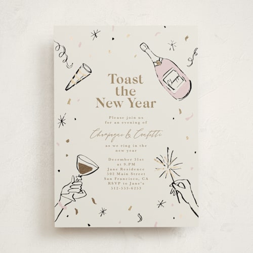 This is a champagne holiday party invitations with foil pressed by Cass Loh called champagne and confetti printing on signature in standard