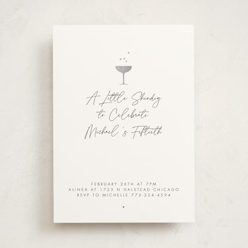 This is a pearl holiday party invitations with foil pressed by mo kelley called a little shindig printing on signature in standard