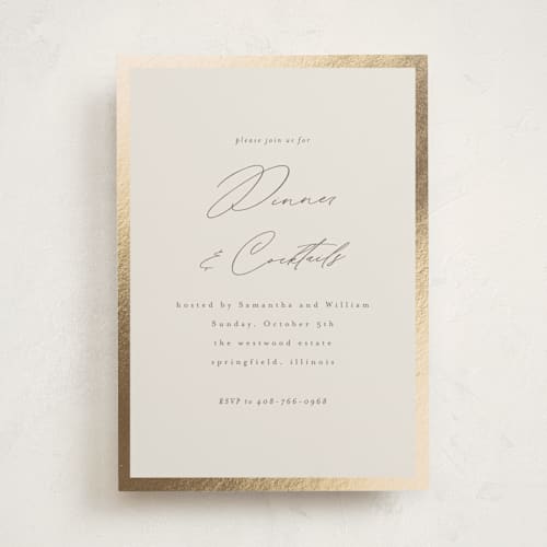 This is a sand holiday party invitations with foil pressed by Nicole Walsh called surround printing on signature in standard