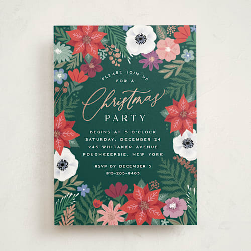 This is a evergreen holiday party invitations with foil pressed by Hooray Creative called christmas florals printing on signature in standard