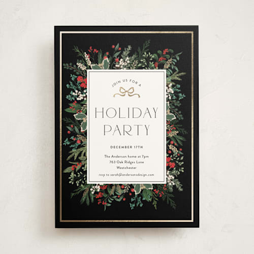This is a ebony holiday party invitations with foil pressed by Susan Moyal called holiday bash printing on signature in standard
