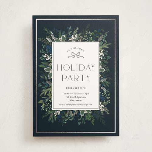 This is a blue spruce holiday party invitations with foil pressed by Susan Moyal called holiday bash printing on signature in standard