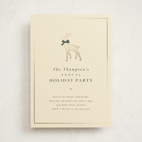 This is a creme holiday party invitations with foil pressed by mo kelley called decked out deer printing on signature in standard
