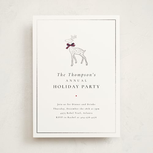 This is a navy holiday party invitations with foil pressed by mo kelley called decked out deer printing on signature in standard