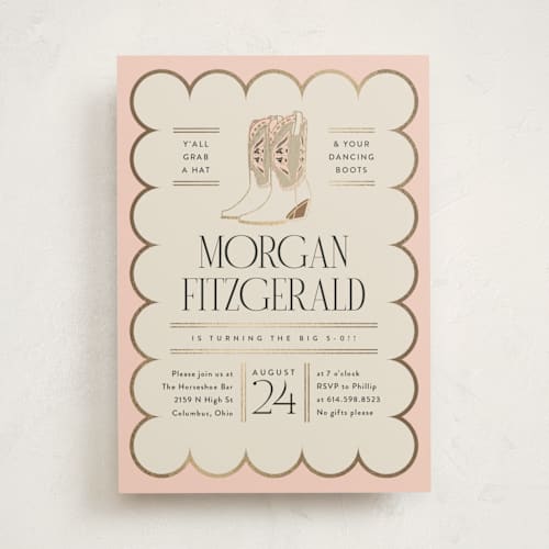 This is a blush holiday party invitations with foil pressed by Heather Schertzer called dancing boots printing on signature in standard