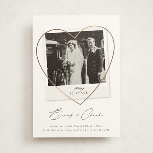 This is a pearl holiday party invitations with foil pressed by Stephanie Hawkes called vintage photo anniversary printing on signature in standard