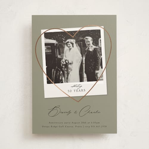 This is a sage holiday party invitations with foil pressed by Stephanie Hawkes called vintage photo anniversary printing on signature in standard