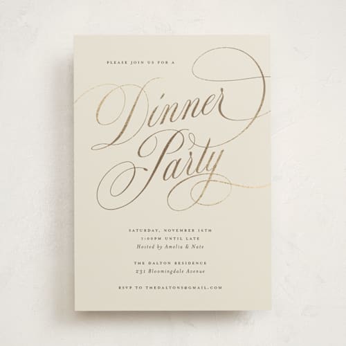 This is a vanilla holiday party invitations with foil pressed by Spinsugar called fancy feast printing on signature in standard